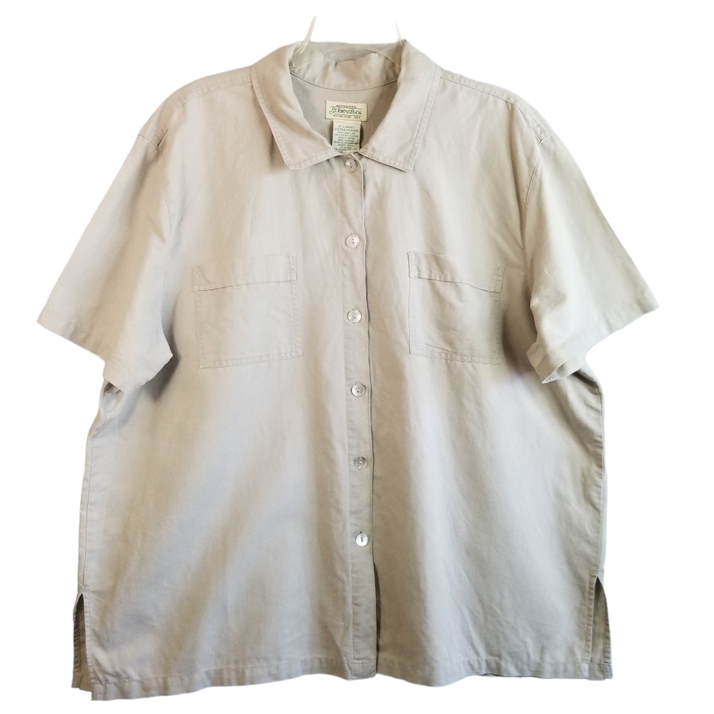 St Johns Bay Men's XL Men's Tan Linen Cotton Blend Short Sleeve Shirt Casual